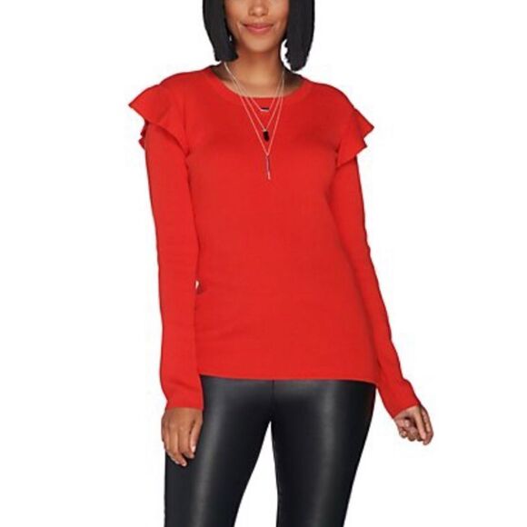 Du Jour Sweaters - Du Jour Ruffle Shoulder Rib Knit Sweater